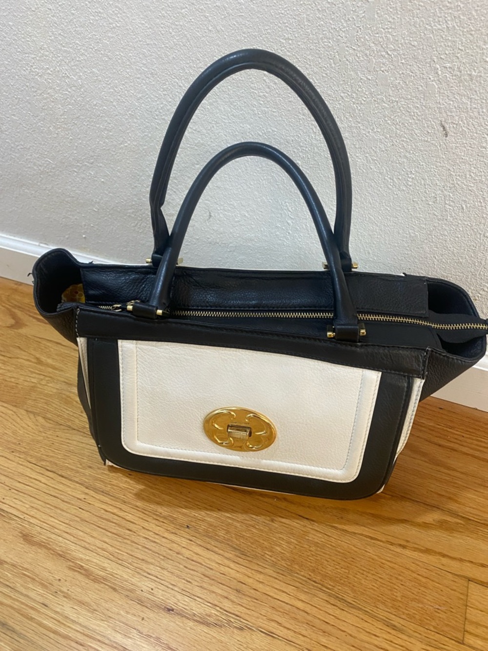 Emma Fox Black and White Satchel with Gold Accent